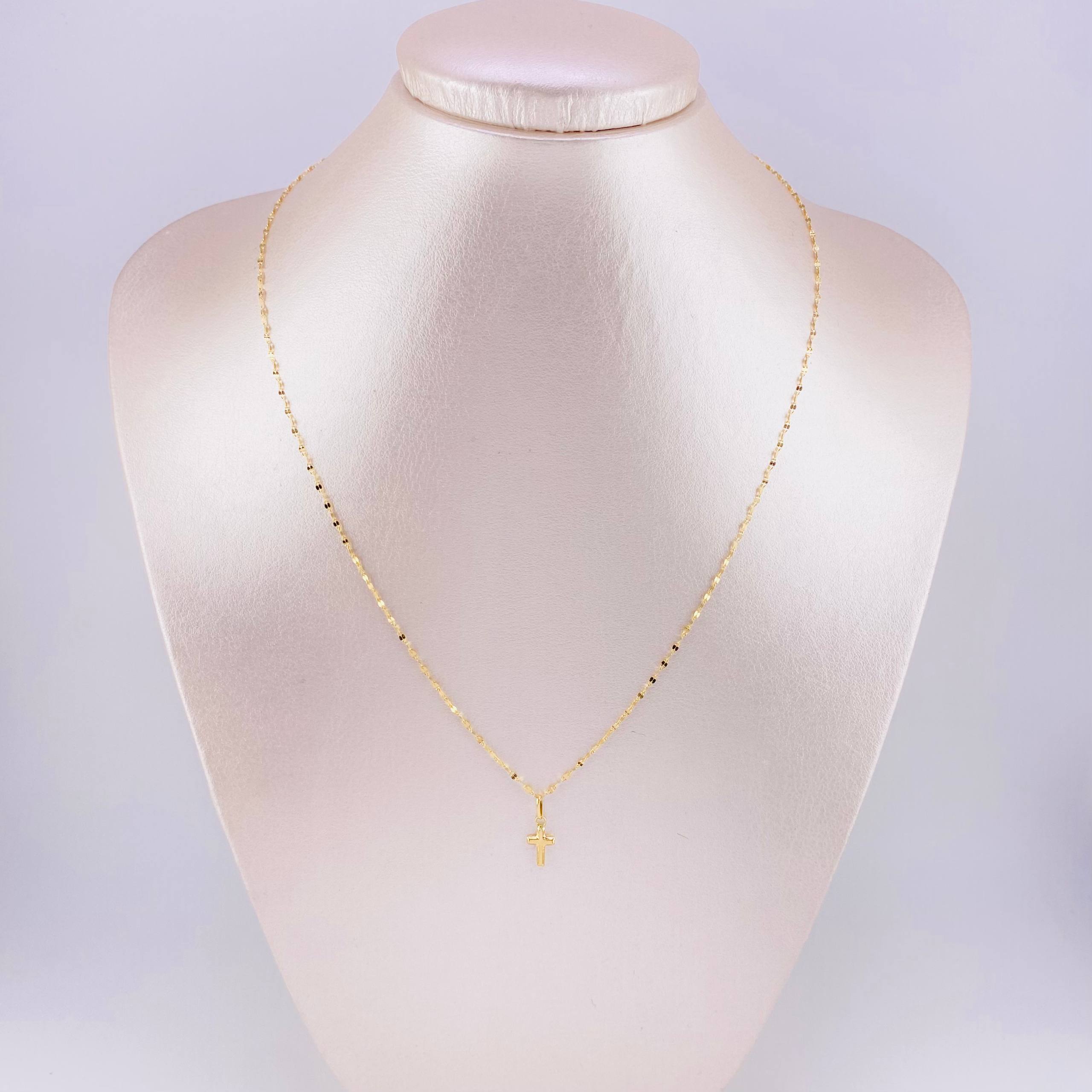 Set Cadena Flor Espejo + Dije Cruz / 1.1g / 45cm Oro Amarillo 18K