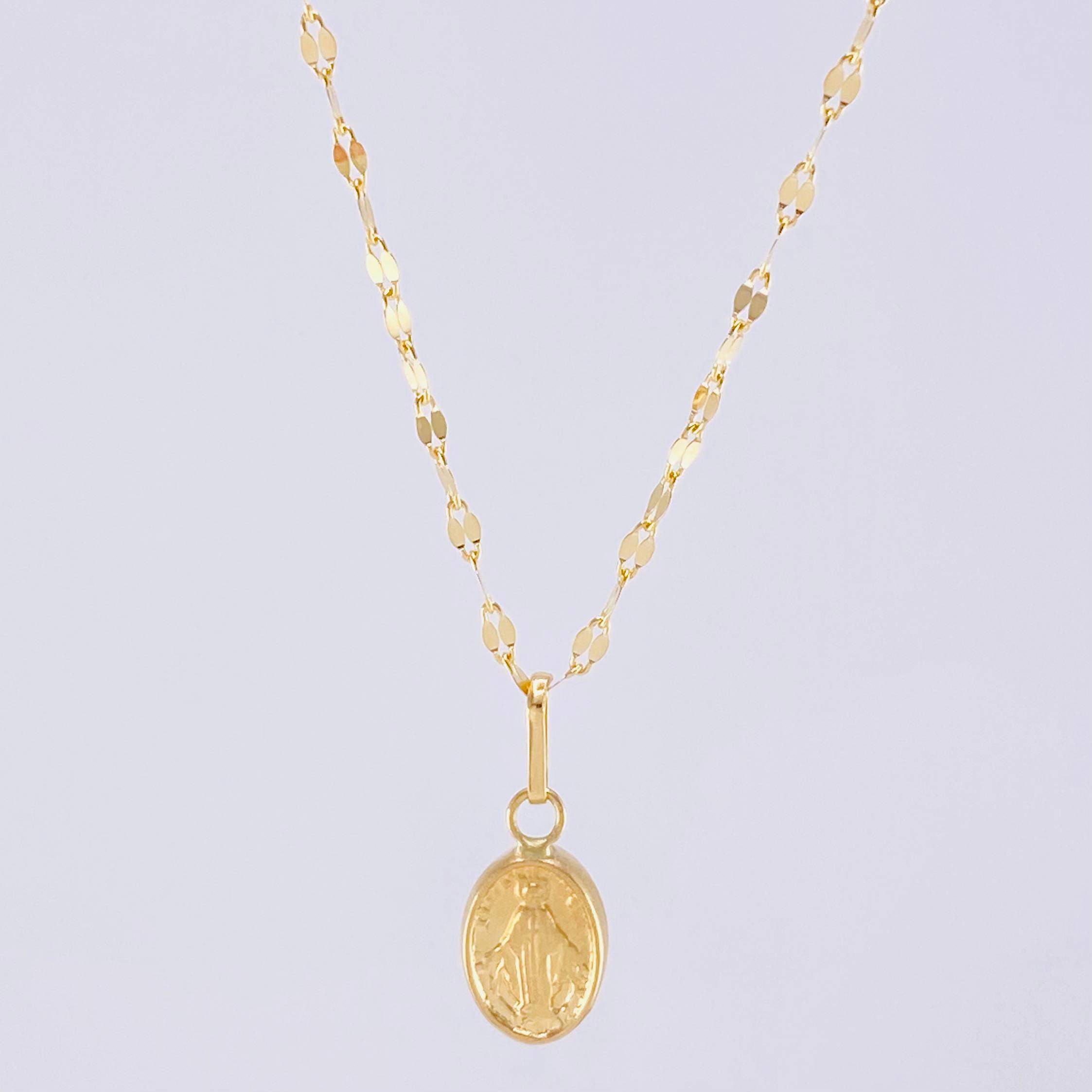 Set Cadena Flor Espejo + Dije Virgen Milagrosa / 1.2g / 45cm Oro Amarillo 18K