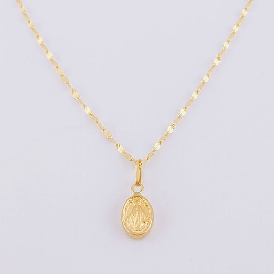 Set Cadena Flor Espejo + Dije Virgen Milagrosa / 1.2g / 45cm Oro Amarillo 18K