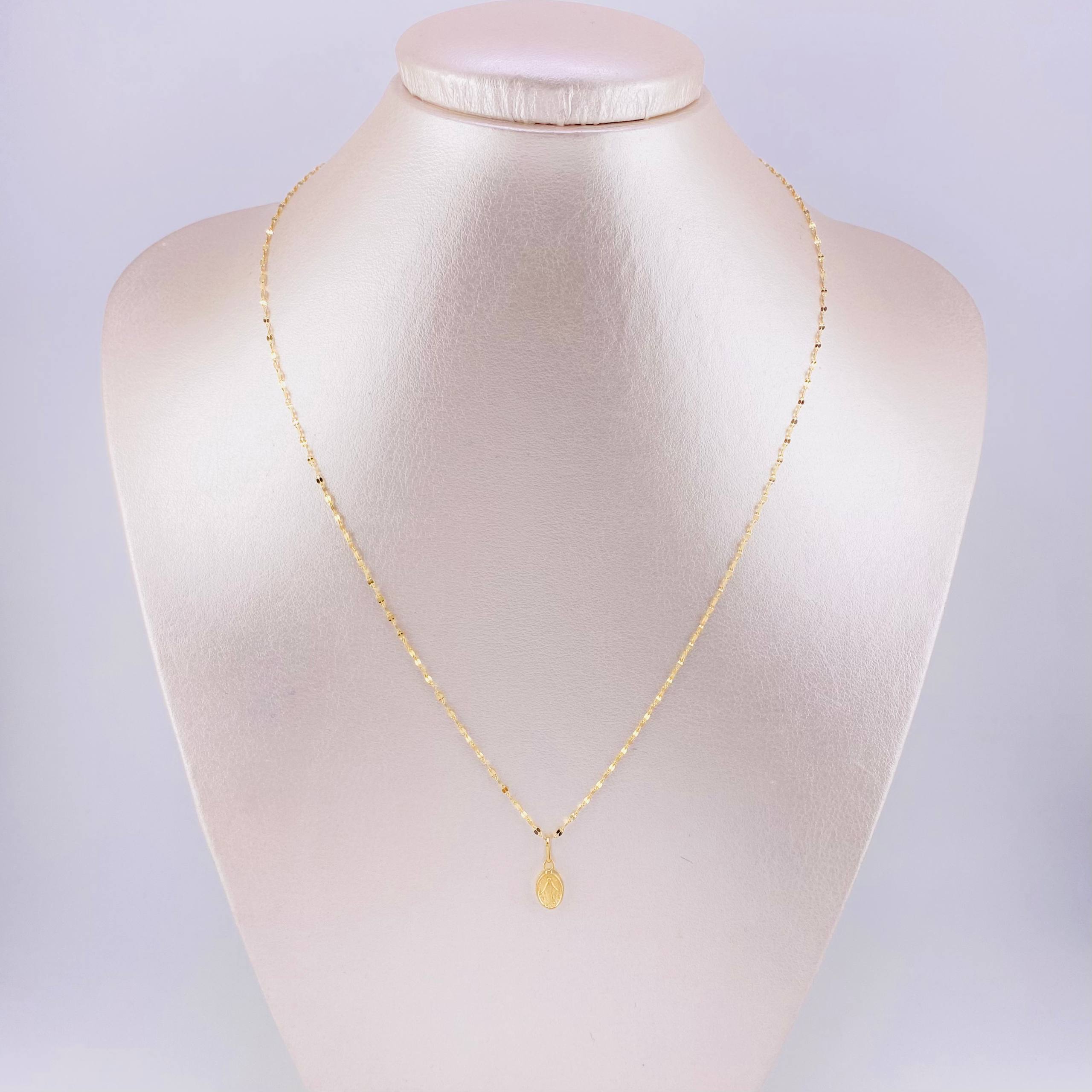 Set Cadena Flor Espejo + Dije Virgen Milagrosa / 1.2g / 45cm Oro Amarillo 18K