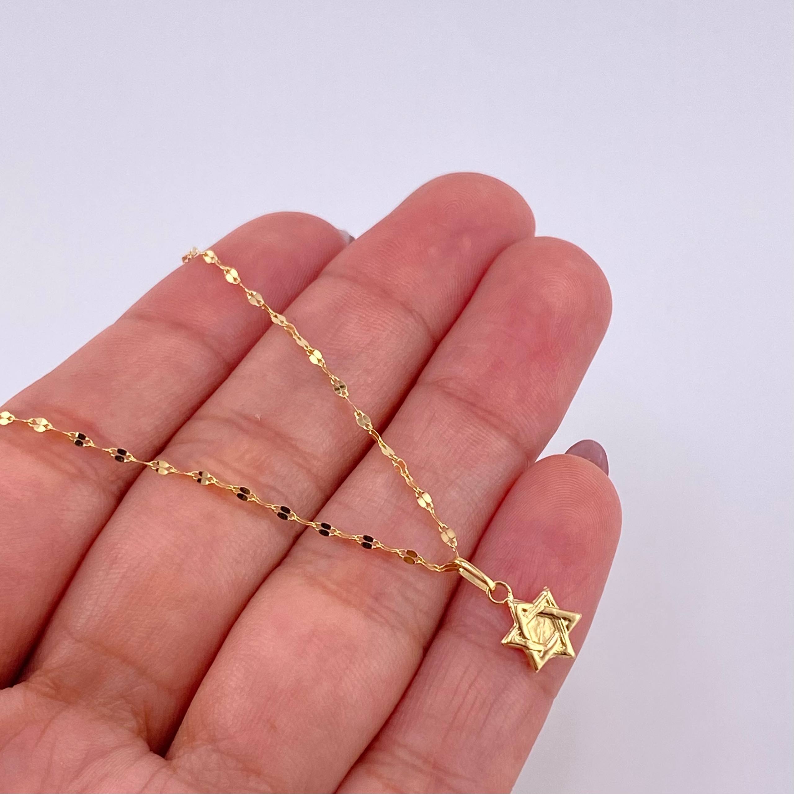 Set Cadena Flor Espejo + Dije Estrella de David / 1.2g / 45cm Oro Amarillo 18K