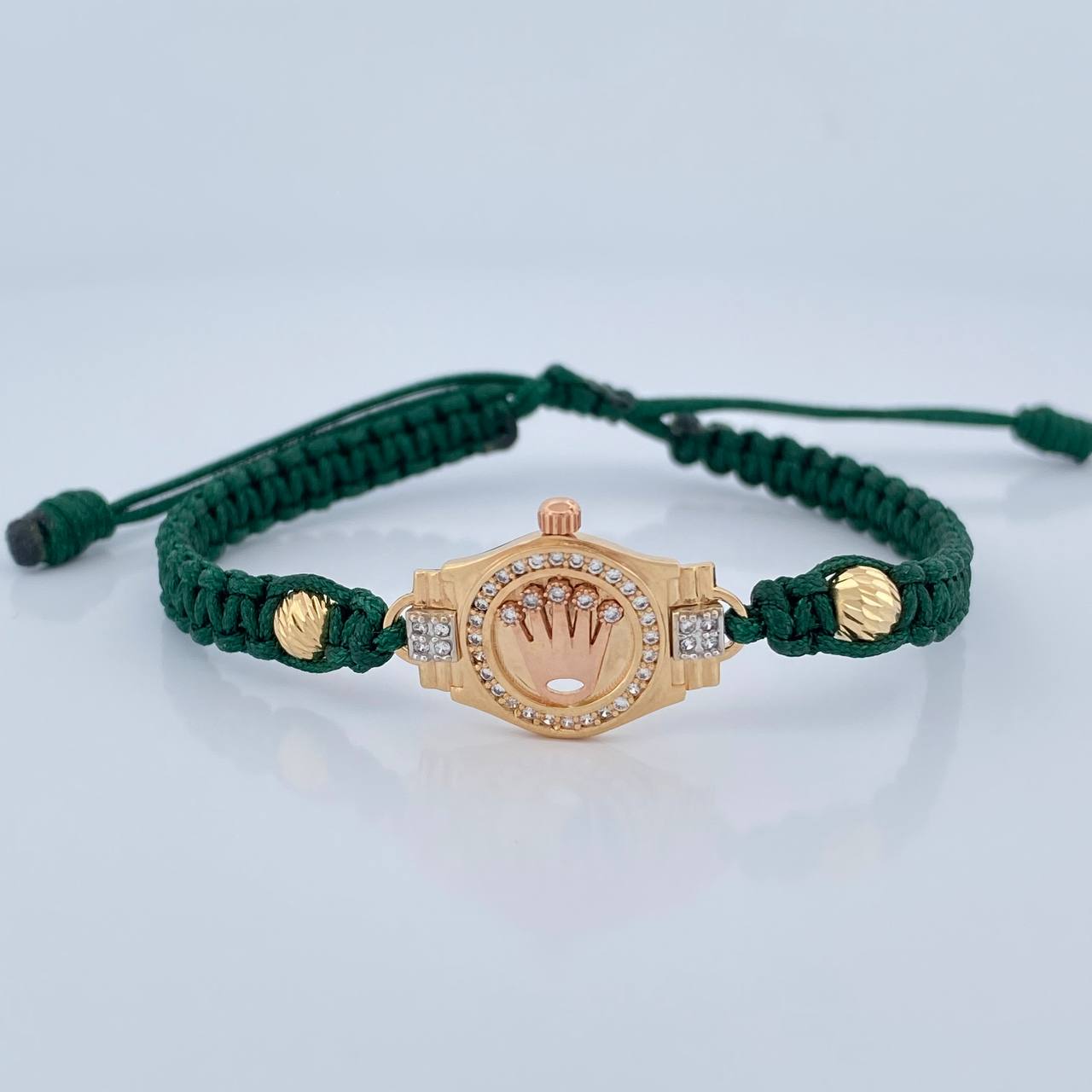 Pulsera Tejida Verde Corona 3.4gr / 5mm Tres Oros 18K %