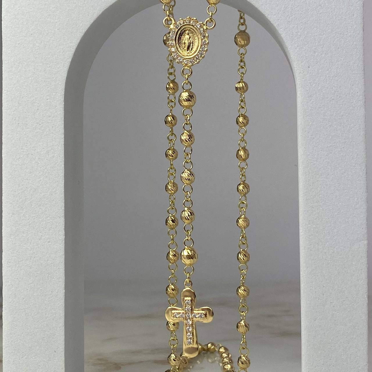 Rosario Virgen Milagrosa 15.45gr / 60cm / 3-4mm Bolas Diamantadas Circones Blancos Oro Amarillo ©