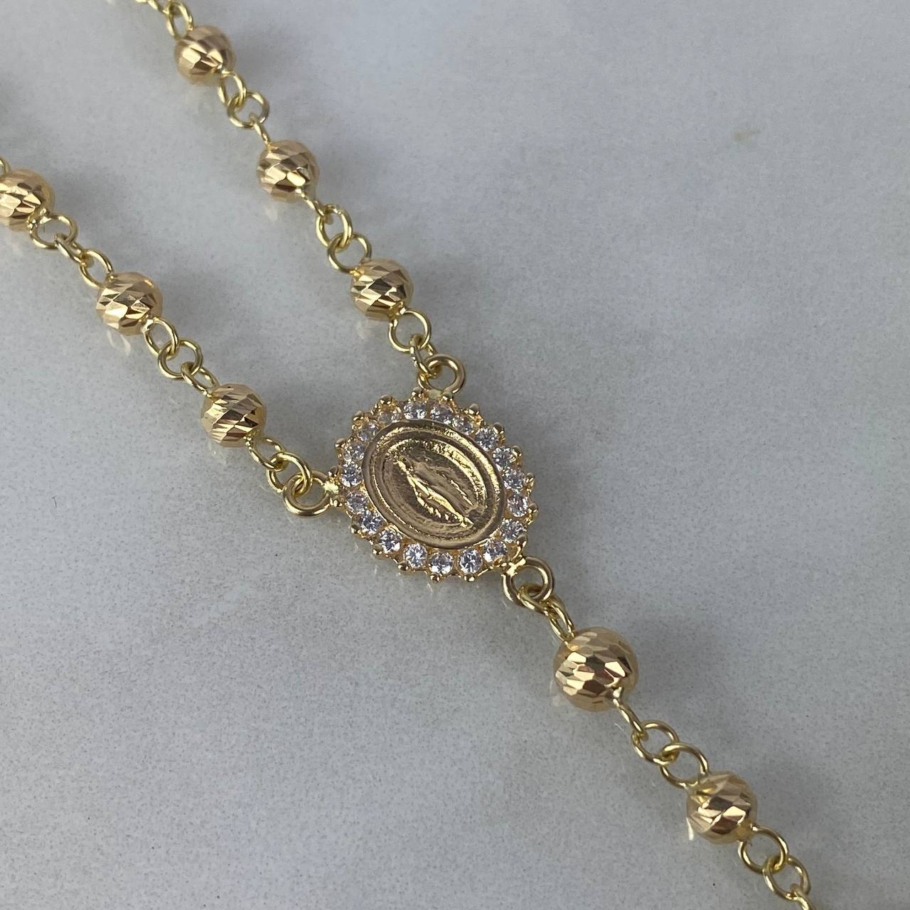 Rosario Virgen Milagrosa 15.45gr / 60cm / 3-4mm Bolas Diamantadas Circones Blancos Oro Amarillo ©