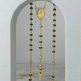 Rosario Virgen de Guadalupe 12.45gr / 50cm / 3.50mm-4mm Bolas Diamantadas Cauchos Negros Mate Circones Blancos Oro Amarillo *