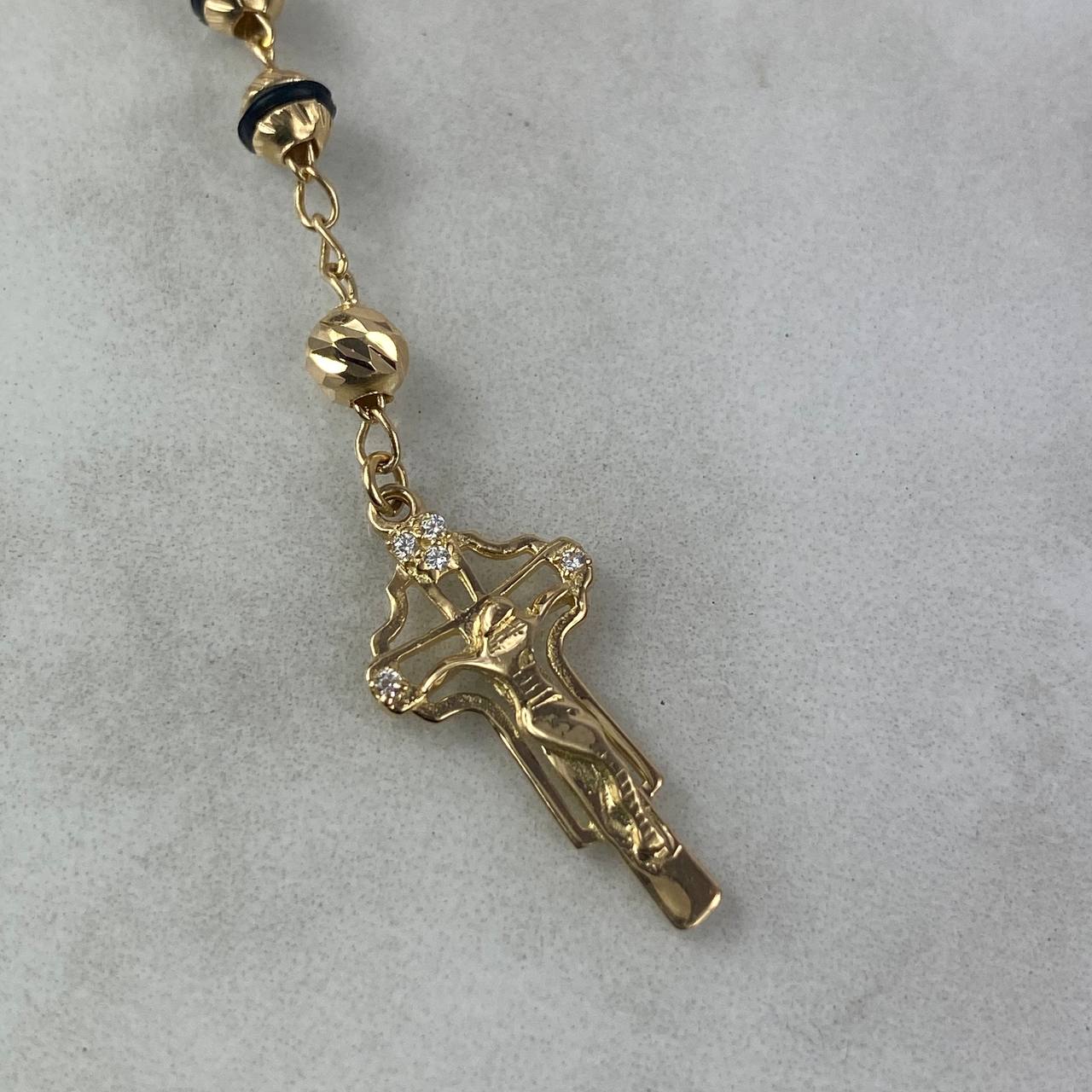 Rosario Virgen de Guadalupe 12.45gr / 50cm / 3.50mm-4mm Bolas Diamantadas Cauchos Negros Mate Circones Blancos Oro Amarillo *