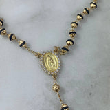 Rosario Virgen de Guadalupe 12.45gr / 50cm / 3.50mm-4mm Bolas Diamantadas Cauchos Negros Mate Circones Blancos Oro Amarillo *