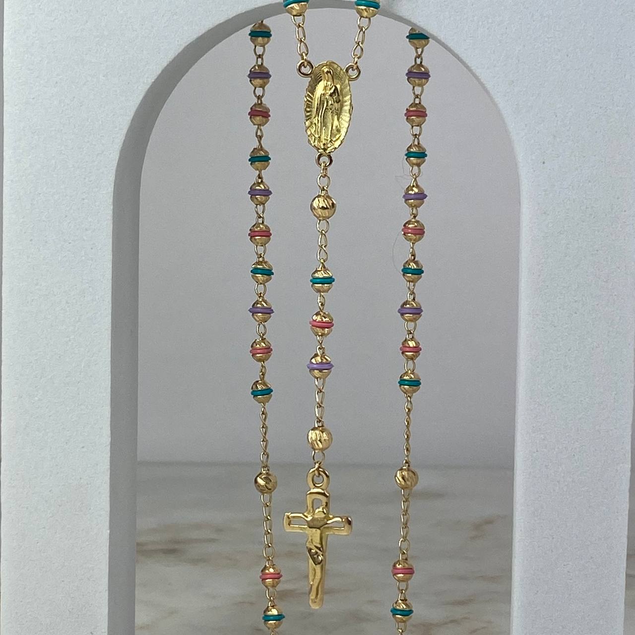 Rosario Virgen de Guadalupe 12.75gr / 50cm / 3,5-4mm Bolas Diamantadas Mate Cauchos Colores Circones Blancos Oro Amarillo
