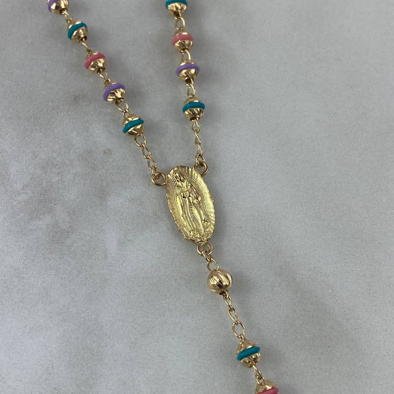 Rosario Virgen de Guadalupe 12.75gr / 50cm / 3,5-4mm Bolas Diamantadas Mate Cauchos Colores Circones Blancos Oro Amarillo