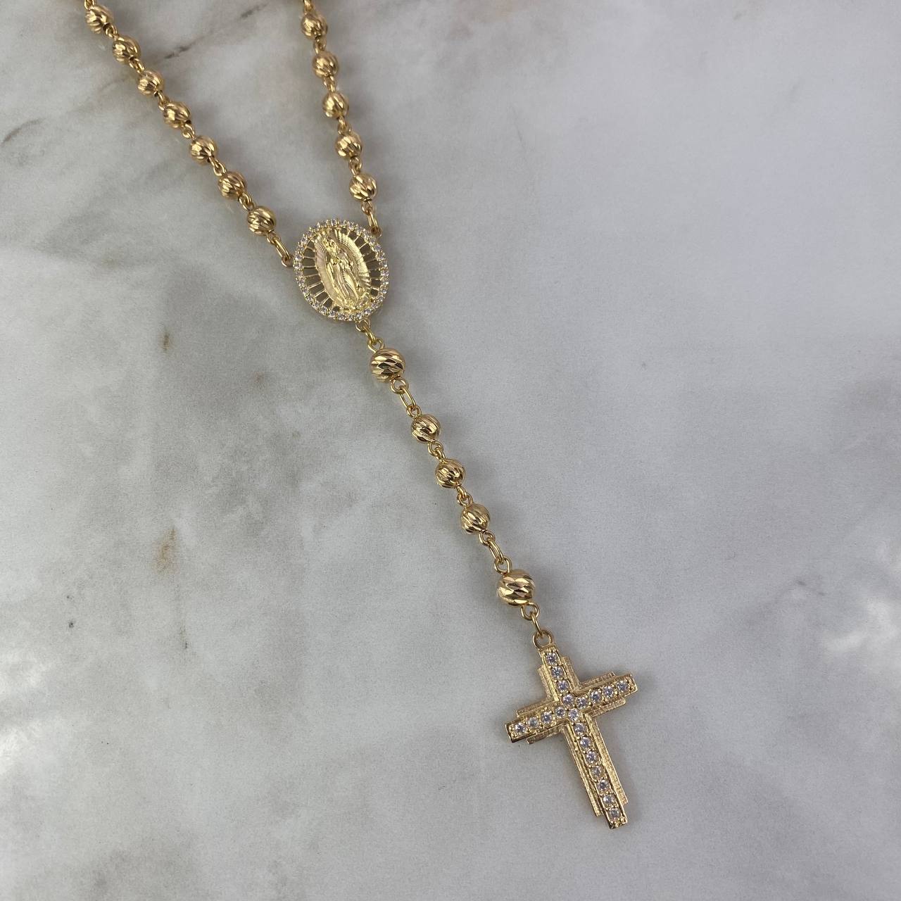Rosario Virgen de Guadalupe 27.05gr / 60cm / 5mm-7mm Bolas Diamantadas Mate Circones Blancos Oro Amarillo