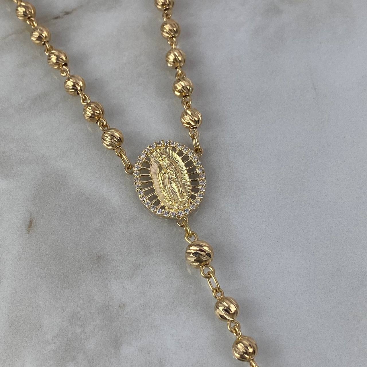 Rosario Virgen de Guadalupe 27.05gr / 60cm / 5mm-7mm Bolas Diamantadas Mate Circones Blancos Oro Amarillo