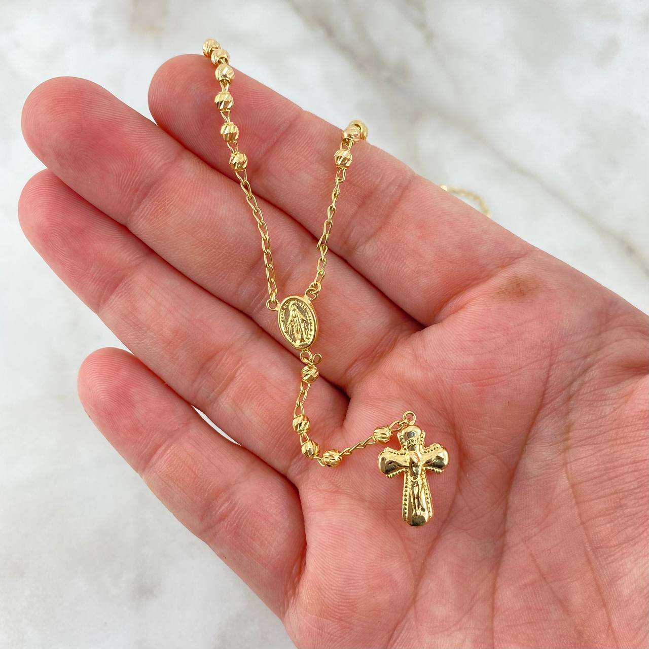Rosario Espiga Virgen Milagrosa 8.05gr / 50cm / 3mm Bolas Diamantadas Oro Amarillo