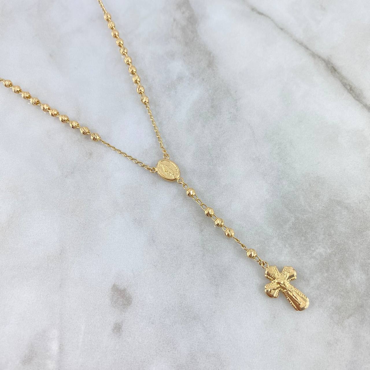Rosario Espiga Virgen Milagrosa 8.05gr / 50cm / 3mm Bolas Diamantadas Oro Amarillo