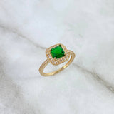 Anillo Solitario Halo Cuadrado 3.6gr / T7 / Circones Blancos-Verdes Oro Amarillo
