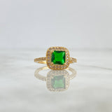 Anillo Solitario Halo Cuadrado 3.45gr / T7 3/4 / Circones Blancos Verde Oro Amarillo 18K ©