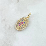 Dije Virgen Guadalupe Ovalo Filigrana 2.3gr / 2.6cm / Circones Blancos Azules Fucsias Oro Amarillo 18K ©
