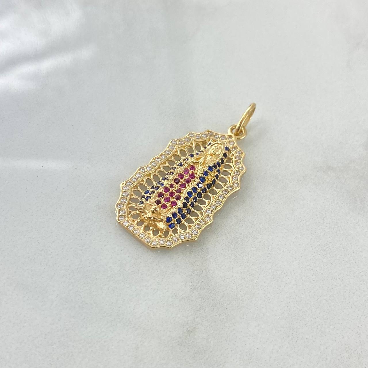 Dije Virgen Guadalupe Filigrana 5gr / 3.5cm / Circones Blancos Azules Fucsias Oro Amarillo 18K *