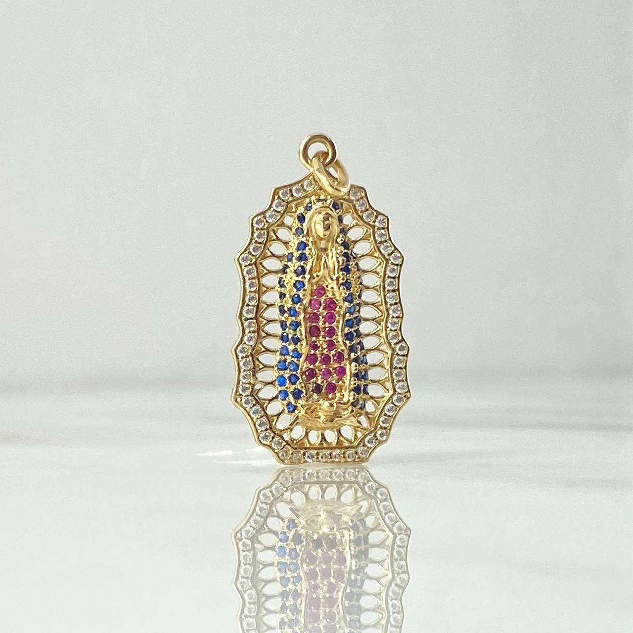 Dije Virgen Guadalupe Filigrana 5gr / 3.5cm / Circones Blancos Azules Fucsias Oro Amarillo 18K *