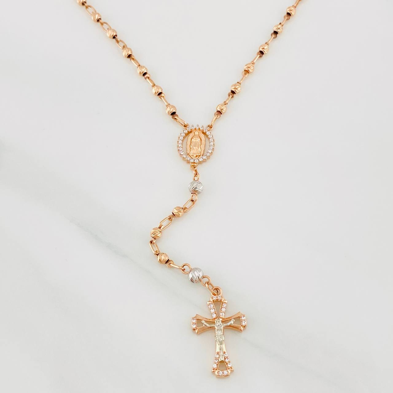 Rosario Virgen de Guadalupe 11.75g / 55cm / 3mm Dos Oros Blanco Rosa 18K