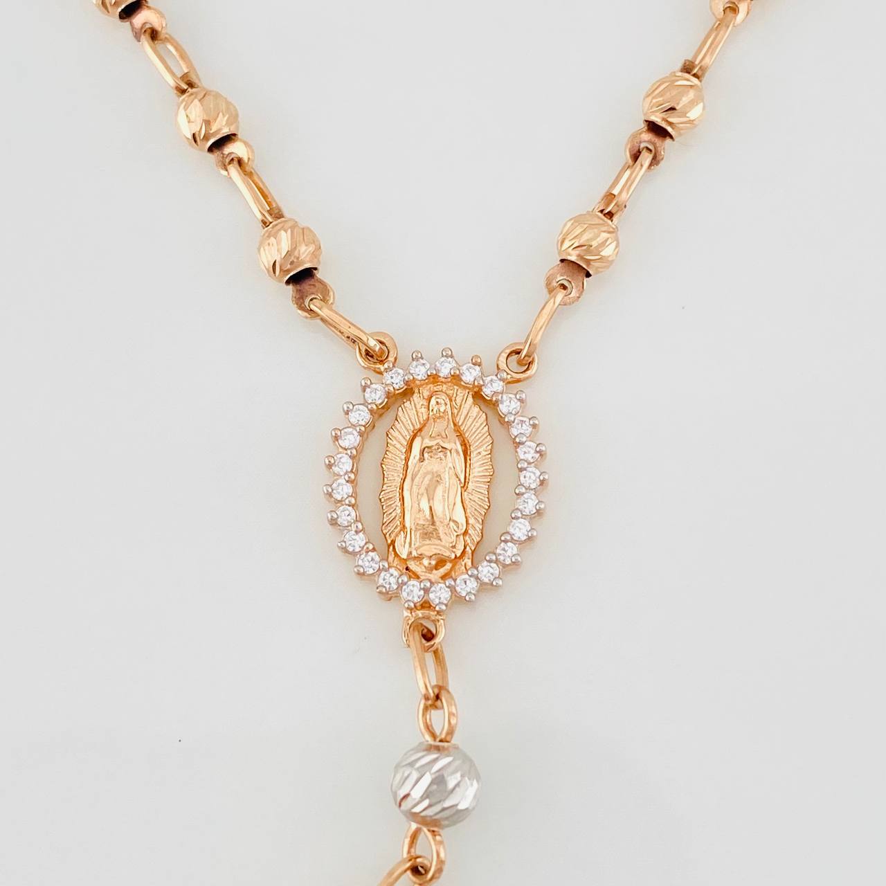 Rosario Virgen de Guadalupe 11.75g / 55cm / 3mm Dos Oros Blanco Rosa 18K