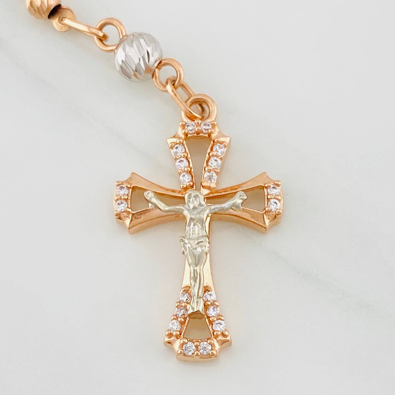 Rosario Virgen de Guadalupe 11.75g / 55cm / 3mm Dos Oros Blanco Rosa 18K