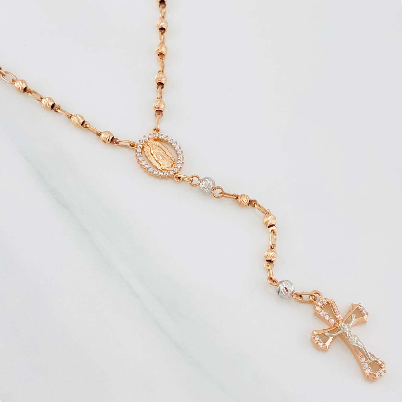 Rosario Virgen de Guadalupe 11.75g / 55cm / 3mm Dos Oros Blanco Rosa 18K