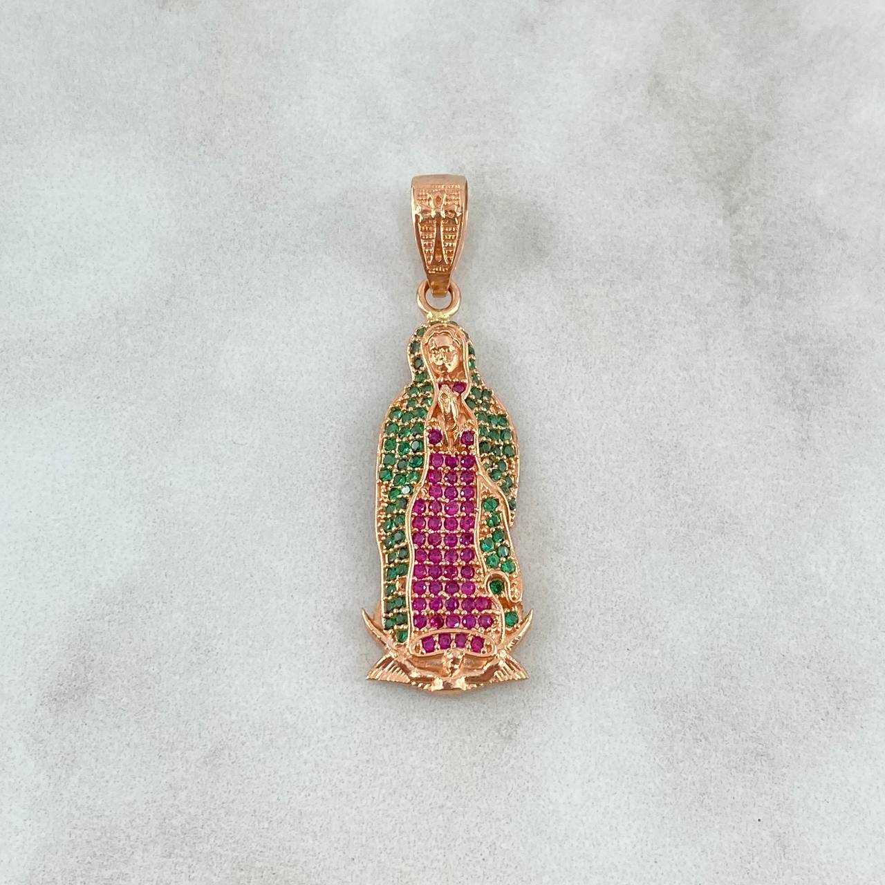 Dije Virgen Guadalupe 4.15gr / 4cm / Circones Verdes-Fucsias Oro Rosa