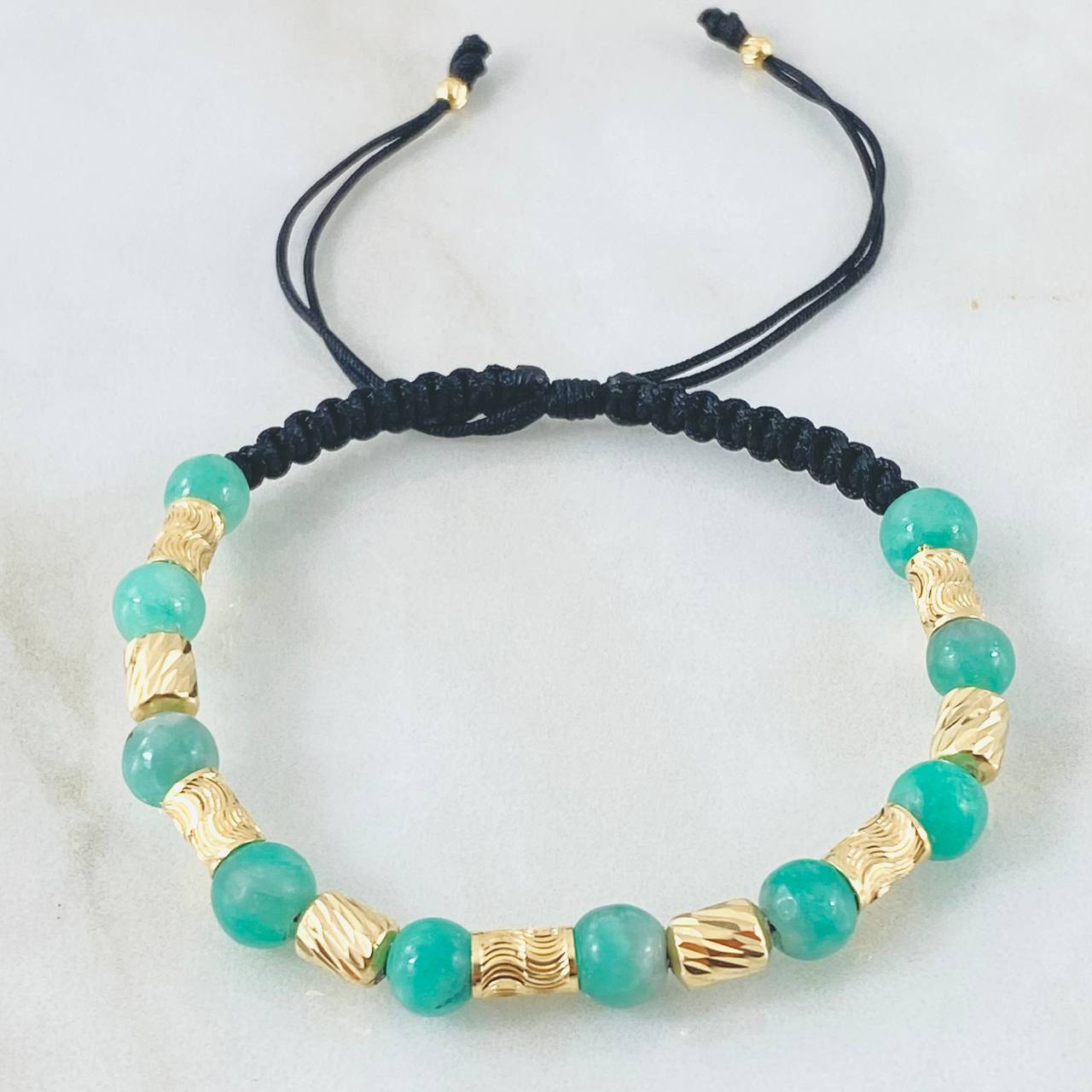 Pulsera Negra Esmeraldas Cilindro Lunas Rayadas 1.75gr / Oro Amarillo 18K *