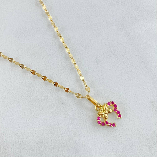 Set Cadena Flor Espejo 0.9gr / 45cm + Dije Oreja Ratón 0.5gr / 1.4gr / Circones Fucsias Oro 18K (Oferta)