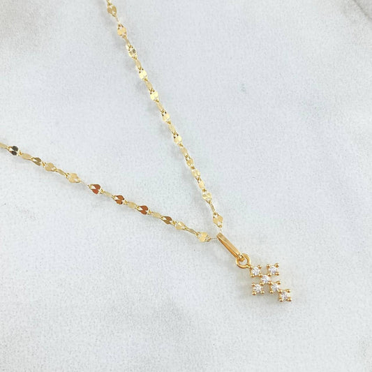 Set Cadena Flor Espejo 0.95gr / 50cm + Dije Crúz Tupida 0.4gr / 1.35gr / Circones Blancos  Oro 18K (Oferta)
