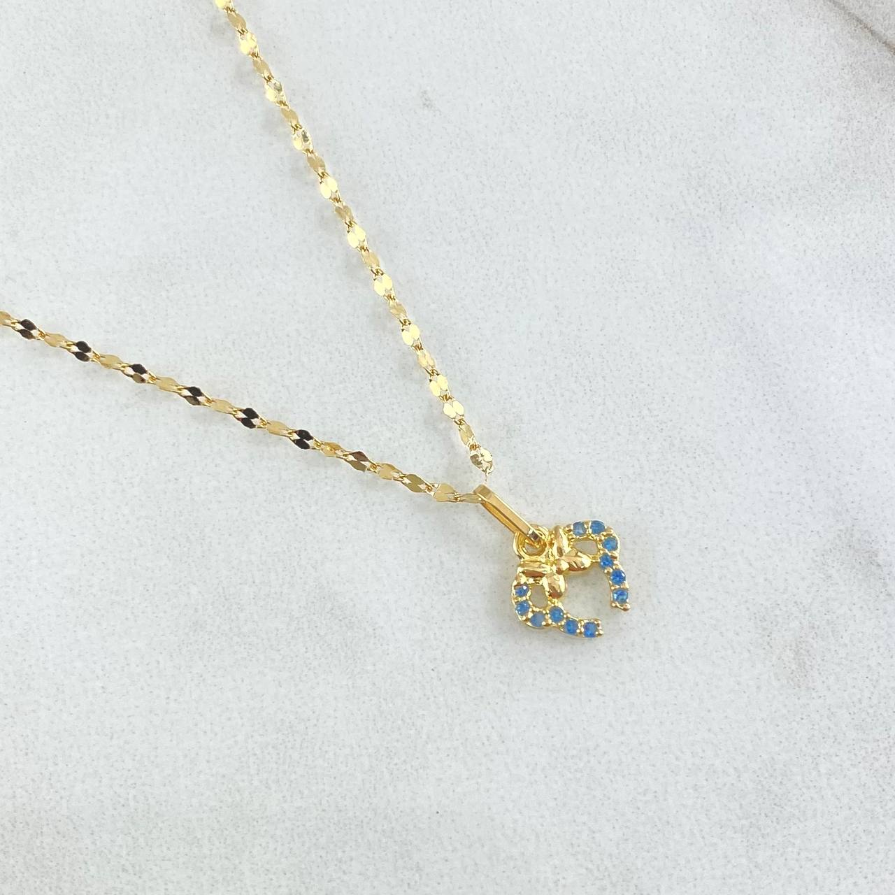 Set Cadena Flor Espejo 0.9gr / 45cm + Dije Oreja Ratón 0.5gr / 1.4gr / Circones Azules Oro 18K (Oferta)