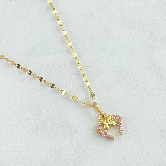 Set Cadena Flor Espejo 0.9gr / 45cm + Dije Oreja Ratón 0.5gr / 1.4gr / Circones Lila  Oro 18K (Oferta)