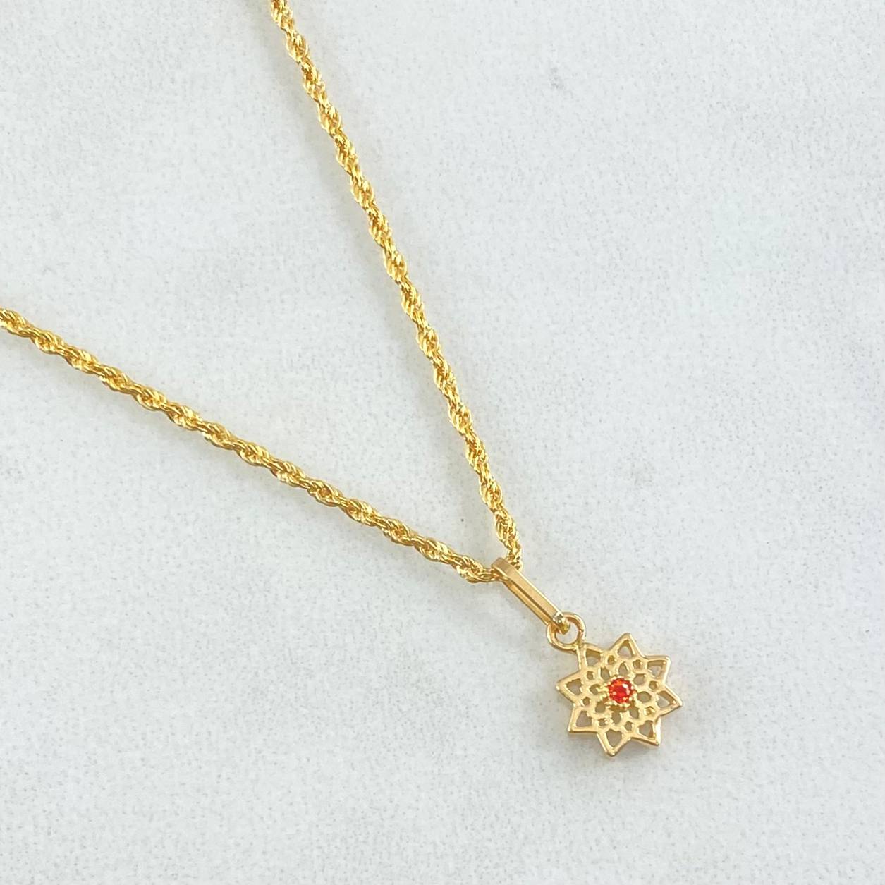 Set Cadena Lazo 1gr / 50cm + Dije Flor Mandala 0.55gr / 1.55gr / Circon Naranja Oro 18K (Oferta) -