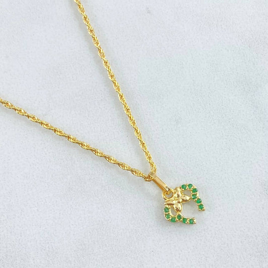 Set Cadena Lazo 0.9gr / 45cm + Dije Oreja Ratón 0.5gr / 1.4gr / Circones Verdes Oro 18K (Oferta)