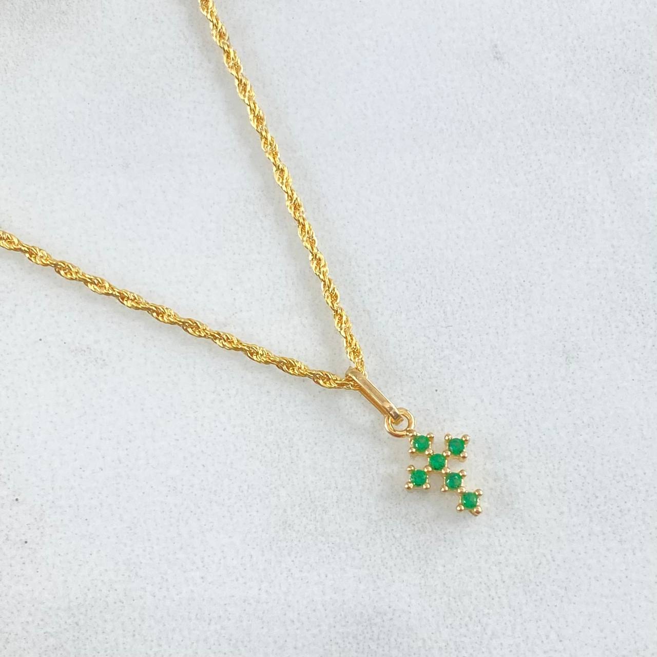 Set Cadena Lazo 1gr / 50cm + Dije Crúz Tupida 0.4gr / 1.4gr / Circones Verdes Oro 18K (Oferta) -