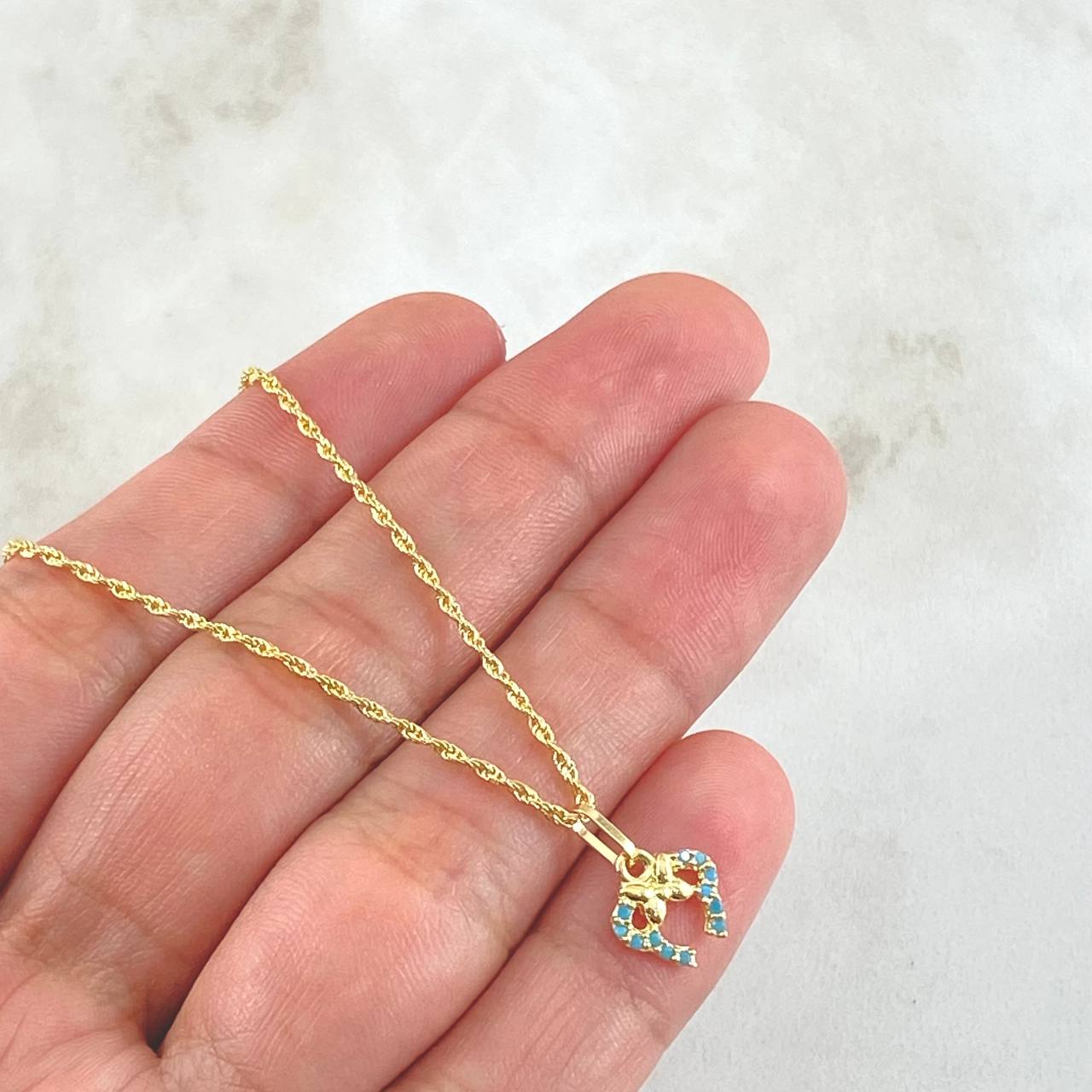 Set Cadena Lazo 0.9gr / 45cm + Dije Oreja Ratón 0.55gr / 1.45gr / Circones Azules  Oro 18K (Oferta) -