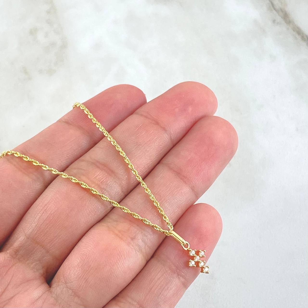 Set Cadena Lazo 1gr / 50cm + Dije Crúz Tupida 0.4gr / 1.4gr / Circones Blancos  Oro 18K (Oferta) ©
