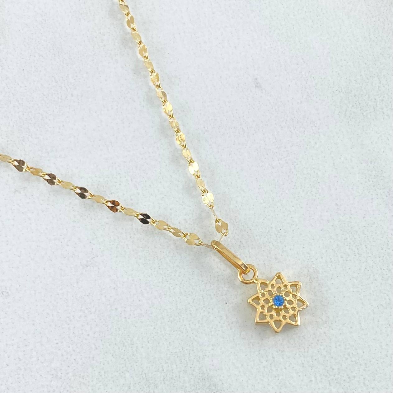 Set Cadena Flor Espejo 0.95gr / 50cm + Dije Flor Mandala 0.5gr / 1.45gr / Circon Azul Cielo Oro 18K (Oferta) -