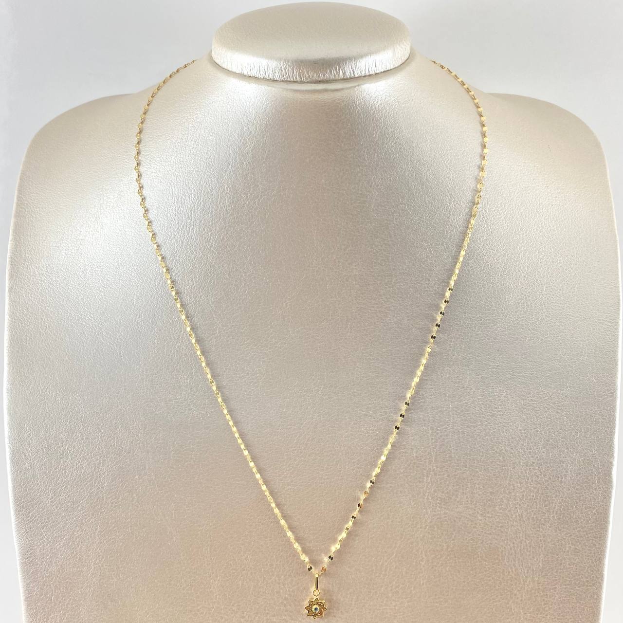 Set Cadena Flor Espejo 0.95gr / 50cm + Dije Flor Mandala 0.5gr / 1.45gr / Circon Azul Cielo Oro 18K (Oferta) -