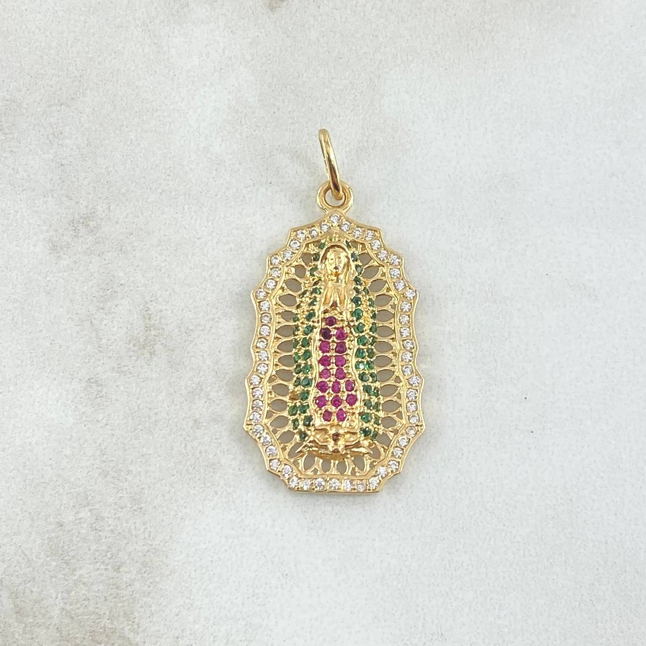 Dije Virgen de Guadalupe Filigrana 4.7gr / 4cm / Circones Blancos Vedes Fucsias Oro Amarillo 18K ©