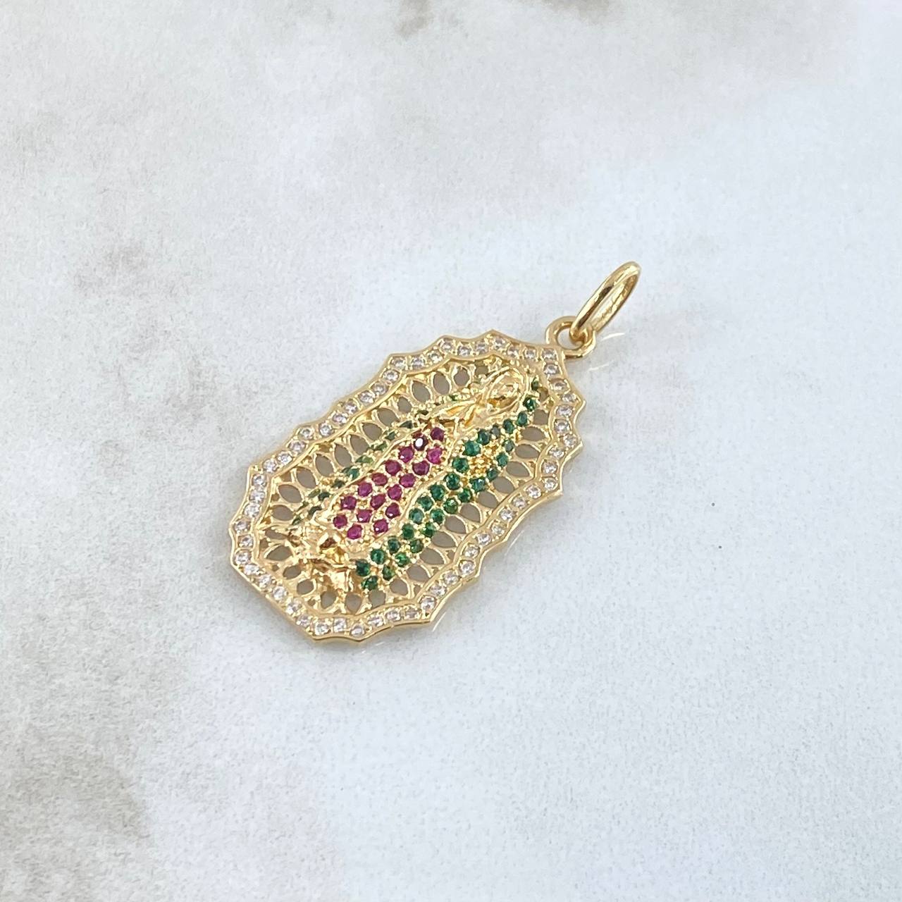 Dije Virgen de Guadalupe Filigrana 4.7gr / 4cm / Circones Blancos Vedes Fucsias Oro Amarillo 18K ©