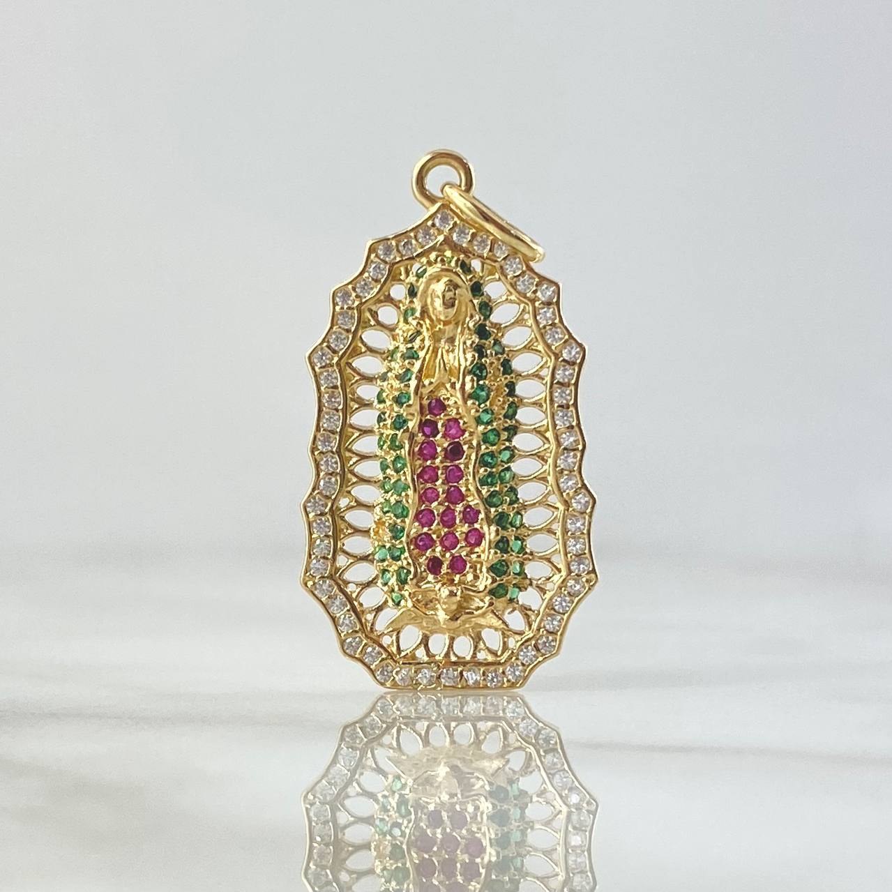 Dije Virgen de Guadalupe Filigrana 4.7gr / 4cm / Circones Blancos Vedes Fucsias Oro Amarillo 18K ©