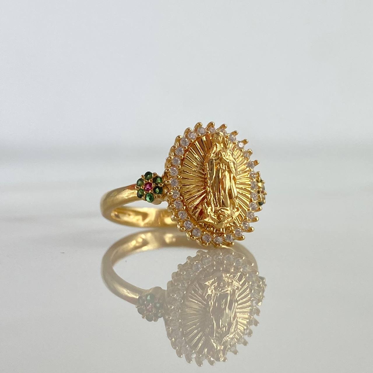 Anillo Virgen de Guadalupe Flores 3.7gr / T5 1/2 / Circones Blancos Verdes Rojos Oro Amarillo