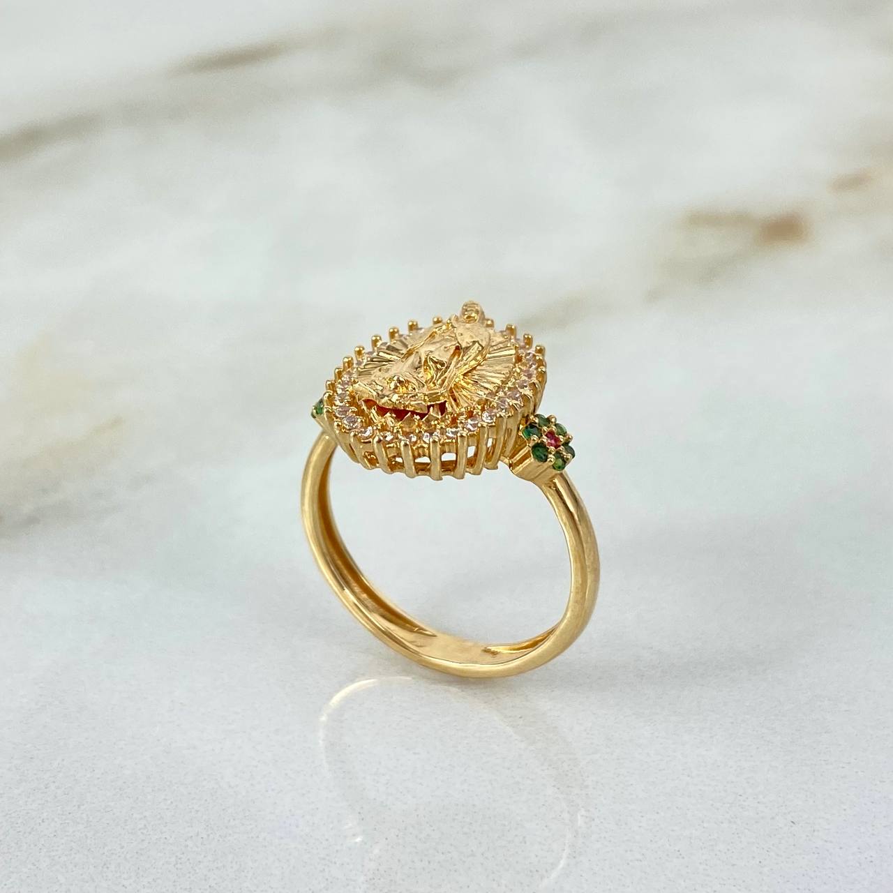 Anillo Virgen de Guadalupe Flores 3.7gr / T5 1/2 / Circones Blancos Verdes Rojos Oro Amarillo