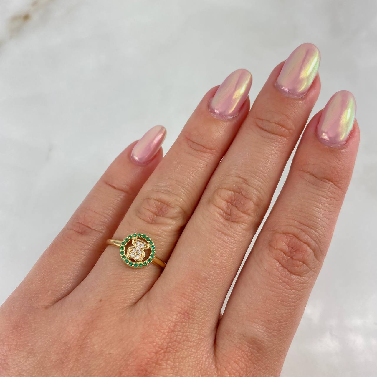 Anillo Oso TS 2.05gr / T6 3/4 / Circones Blancos Verdes Oro Amarillo