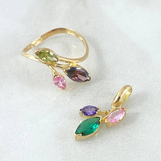 Set Hoja Laurel Desigual - Dije 2cm - Anillo T6 1/2 2.8gr Circones Multicolor Nac.Esp. Oro 18K