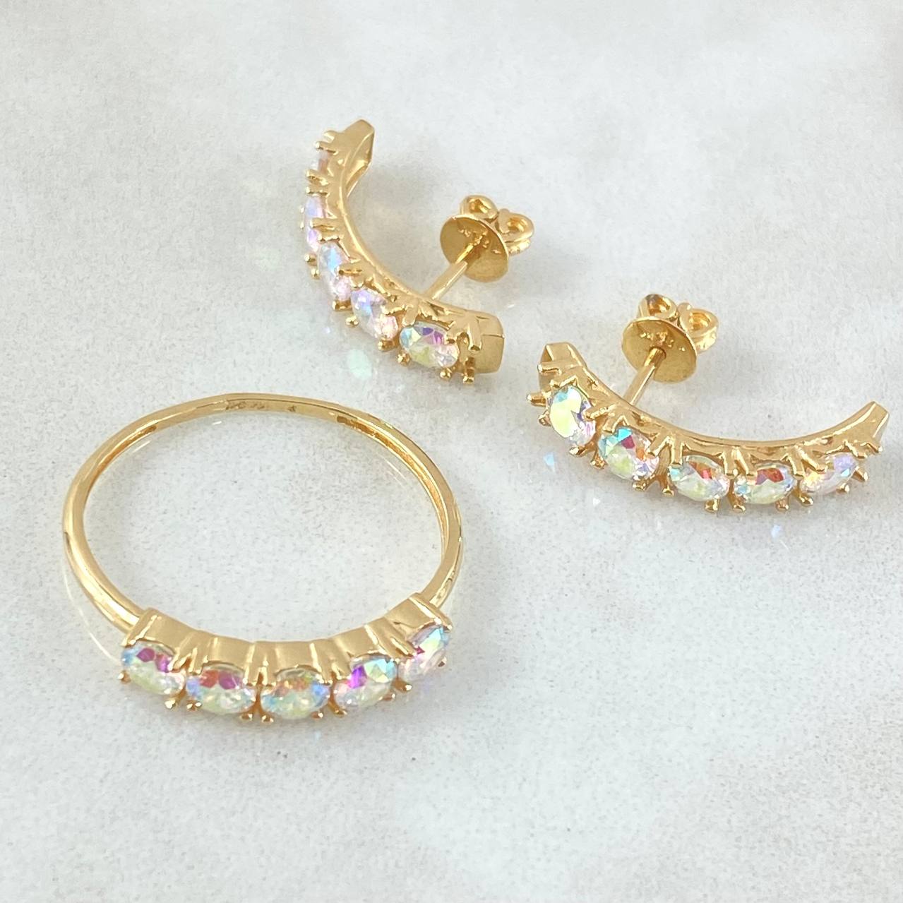 Set Linea Tupida - Topos 2cm - Anillo T8 1/2 5.5gr Circones Tornasol Nac.Esp. Oro 18K