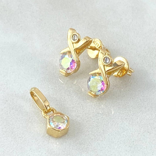 Set Piedra - Topos 1cm - Dije 1.1cm 3.2gr Circones Tornasol Nac.Esp. Oro 18K