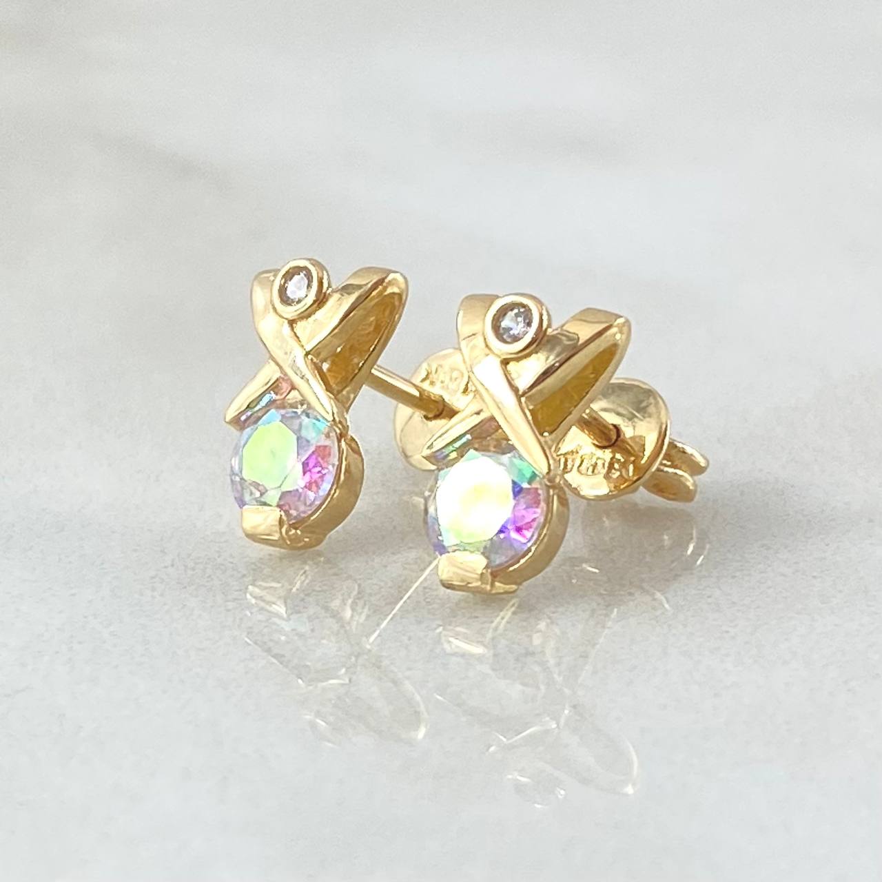 Set Piedra - Topos 1cm - Dije 1.1cm 3.2gr Circones Tornasol Nac.Esp. Oro 18K