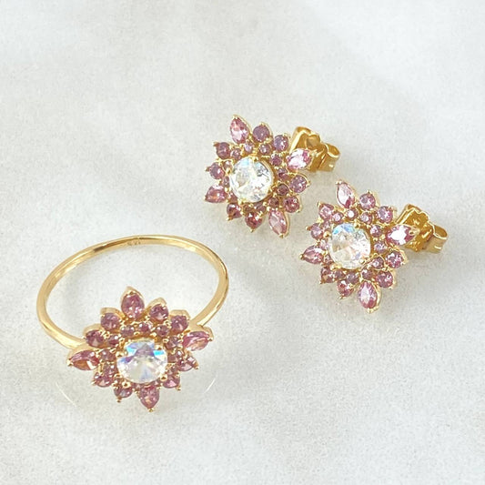 Set Flor Estrellada - Topos 1.2cm - Anillo T6 1/4 4.7gr Circones Lila Blanco Nac.Esp. Oro 18K